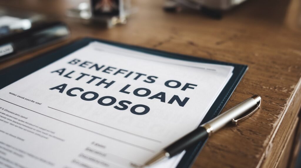 A list of benefits associated with Alth Loan Acoso on a paper files.