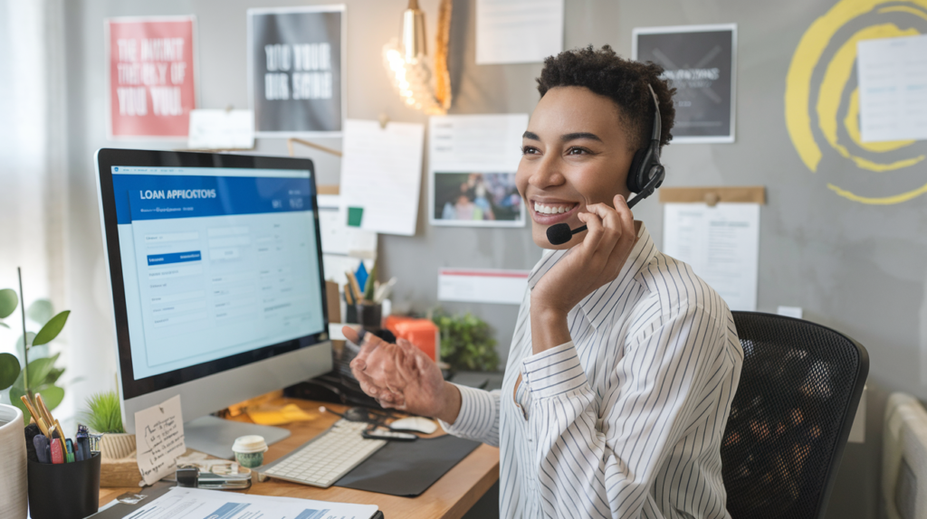 Picture of a friendly customer service representative on a phone call, symbolizing the 24/7 support offered by River Valley Loans to assist borrowers throughout their loan journey.