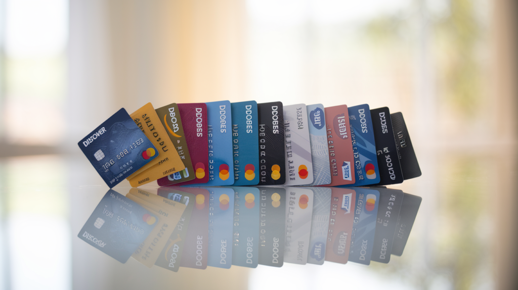 A selection of Discover credit cards fanned out, including cashback and travel reward cards, highlighting the various credit card options available through Discover Financial Services.