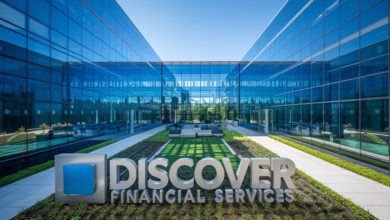 A view of the Discover Financial Services headquarters, showcasing the company’s corporate building, representing its global reach and influence in the financial sector.