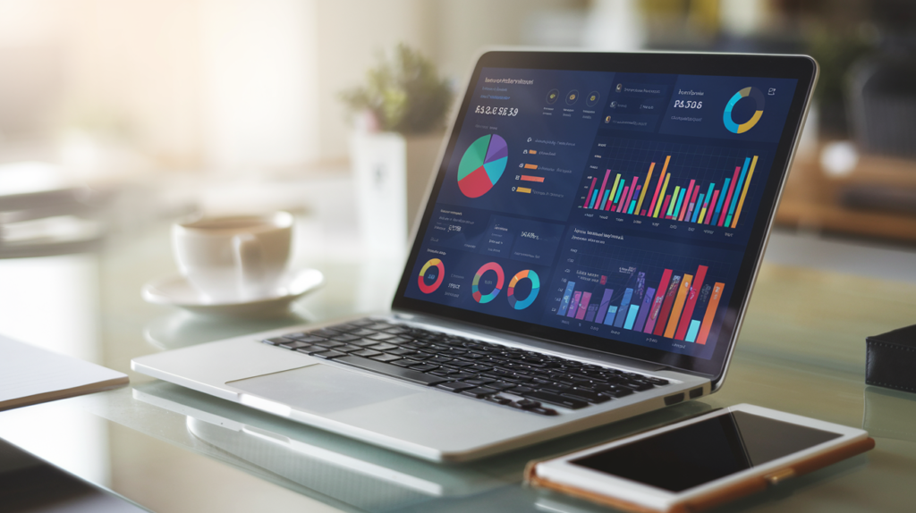 A laptop with charts and graphs, highlighting the financial management tools offered by Discover Financial Services for budgeting, loan management, and financial planning.