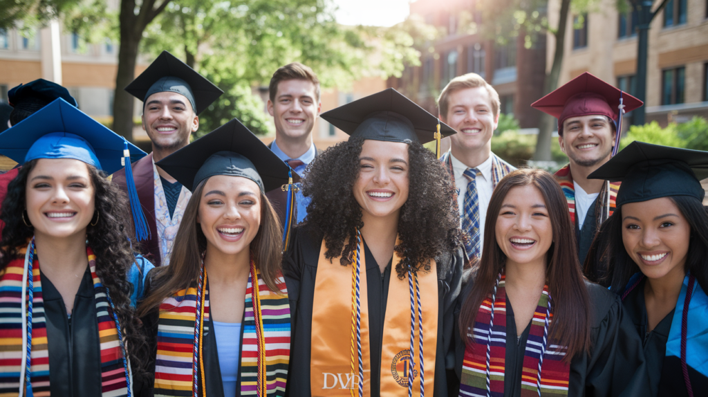 A group of students smiling with graduation caps, representing Discover Financial Services’ student loans, which help finance higher education with flexible repayment options.