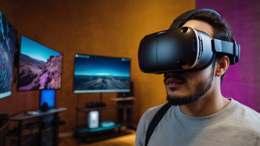 A user navigating a vibrant virtual landscape with a VR headset, showcasing the immersive experiences offered by virtual reality technology.