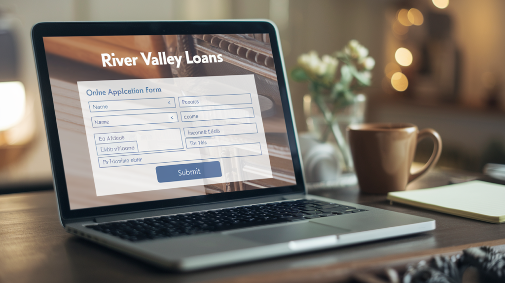 Image of a laptop screen displaying an online loan application form, representing the easy and quick application process provided by River Valley Loans.