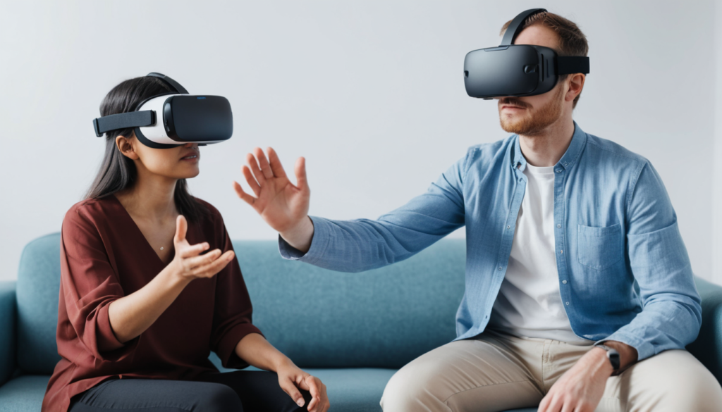 A therapist guiding a patient using VR for exposure therapy, highlighting the therapeutic applications of virtual reality in mental health treatment.