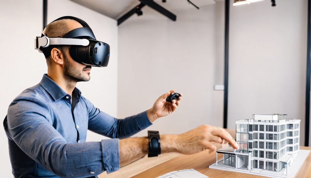 An architect using a VR headset to present a 3D model of a building, illustrating how VR is transforming the design and construction industry.