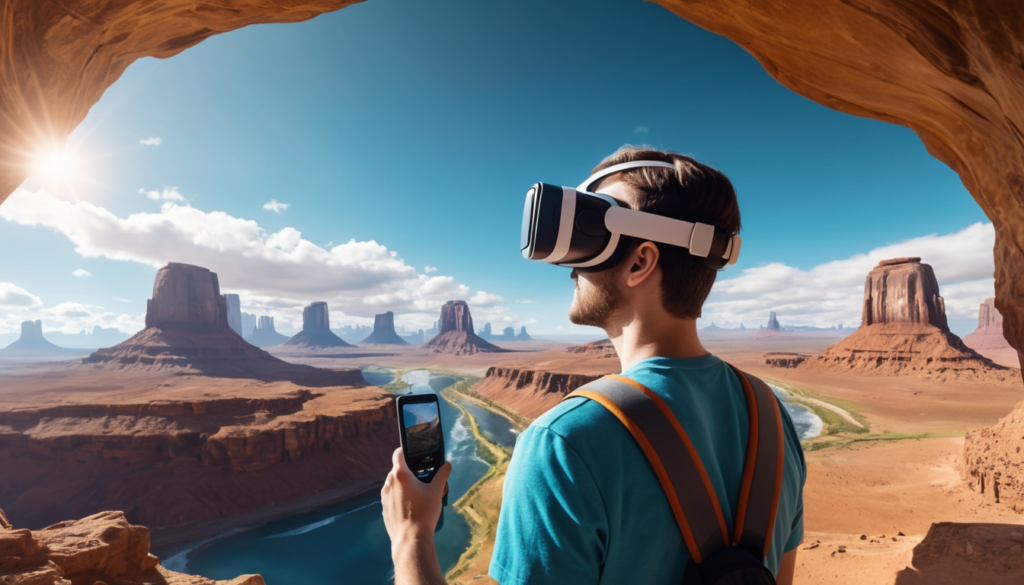 A traveler experiencing a virtual tour of a famous landmark through a VR headset, demonstrating the future of tourism and exploration.