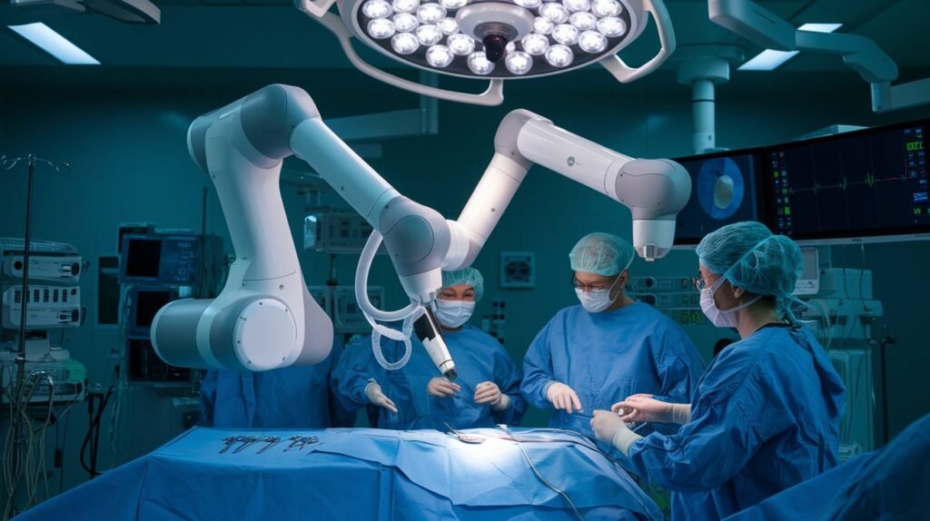 A robotic surgical arm assisting doctors in a high-tech operating room, improving surgical precision