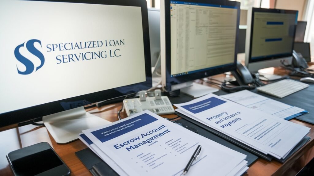 An image showing escrow account management, with property taxes and insurance payments being processed by Specialized Loan Servicing LLC.