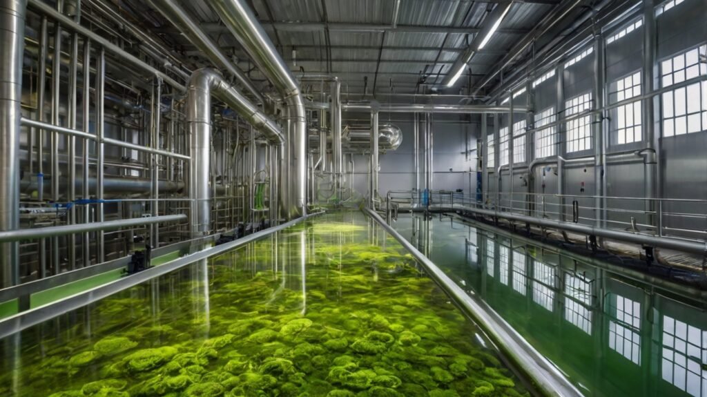 Algae cultivation in a bioenergy facility, emphasizing how algae is used to produce biofuel, a crucial innovation in biomass energy.