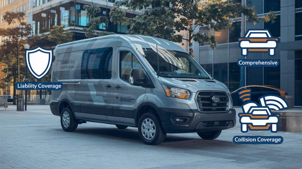 An illustration showing a business van with icons representing various insurance coverage options such as liability, comprehensive, and collision coverage.