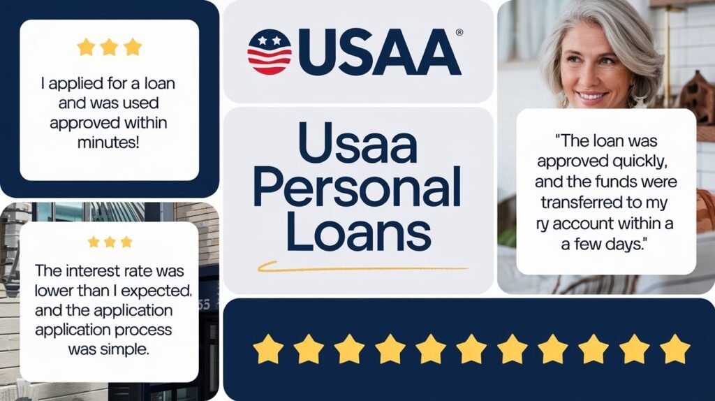 Testimonials and reviews from USAA members who have used personal loans, emphasizing satisfaction with low rates and fast loan approval.