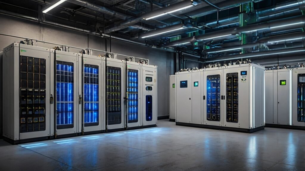 A modern battery energy storage facility with smart grid controls, symbolizing how energy is stored and distributed efficiently using AI technology.