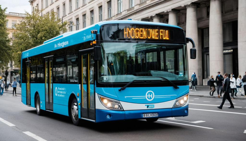 Hydrogen fuel cells powering a public bus, highlighting the use of green hydrogen in clean transportation systems in 2024.