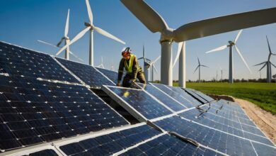 Advanced solar panels absorbing sunlight in a large solar farm, representing the efficiency of new solar technologies in 2024.