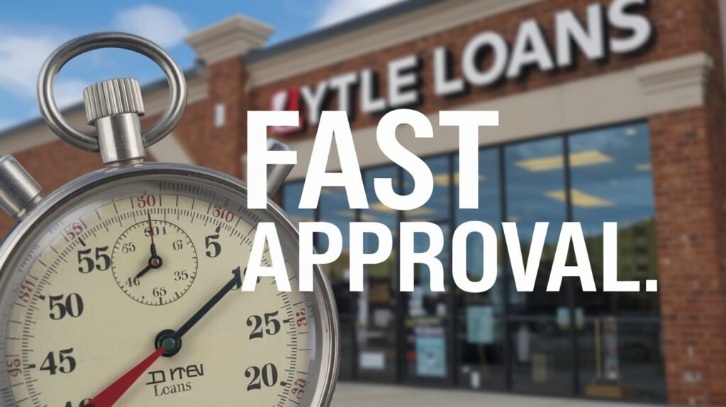 An image of a stopwatch or a clock, with a background image of the Lytle Loans storefront in Athens, TN, and text reading "Fast Approval."