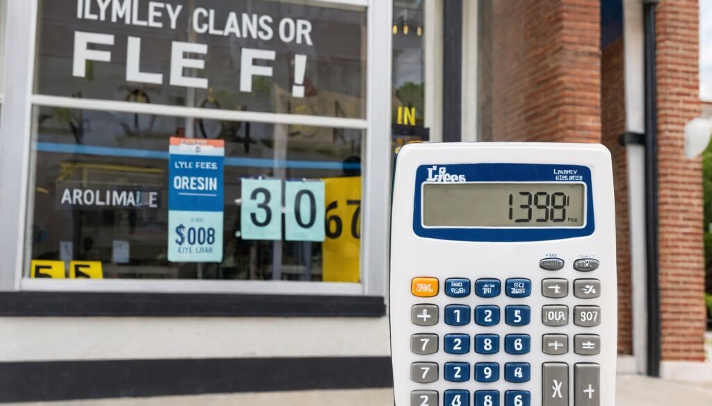 An image of a transparent calculator or a price tag, with a background image of the Lytle Loans storefront in Athens, TN, and text reading "No Hidden Fees.