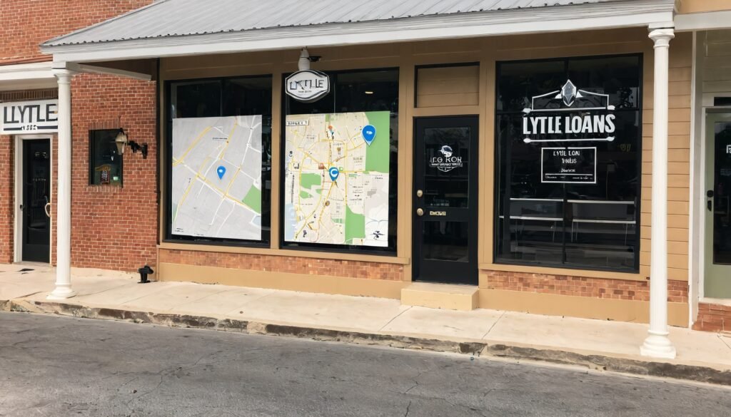 An image of a map of Athens, TN, with a pinpoint on the location of Lytle Loans, and a photo of the storefront with a sign reading "Lytle Loans - Your Local Lender.