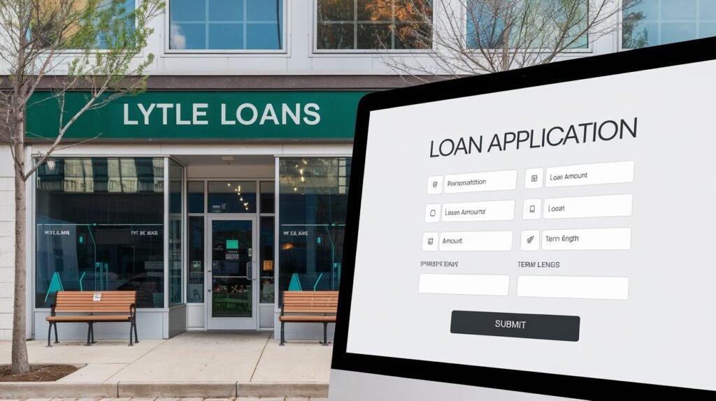 An image of a computer or mobile screen with a loan application form and a "Submit" button, with a background image of the Lytle Loans storefront in Athens, TN.