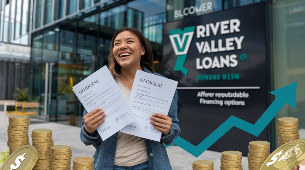 An illustration showing a happy customer holding documents after securing a low-interest loan from River Valley Loans, emphasizing their affordable financing options and flexible repayment terms.