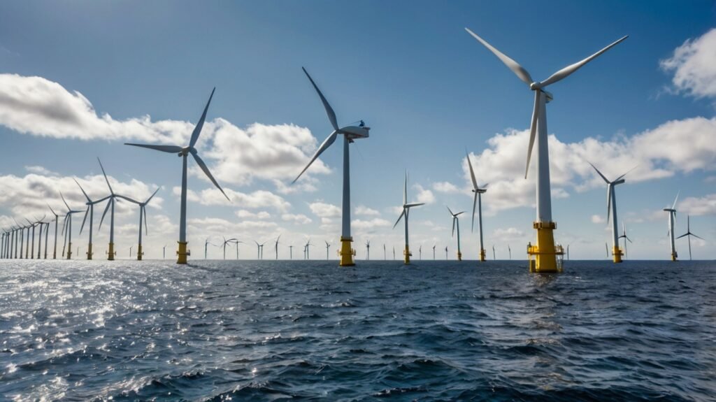 A scenic offshore wind farm with tall, sleek wind turbines harnessing wind power, illustrating the advancements in floating wind farms and vertical-axis turbines.