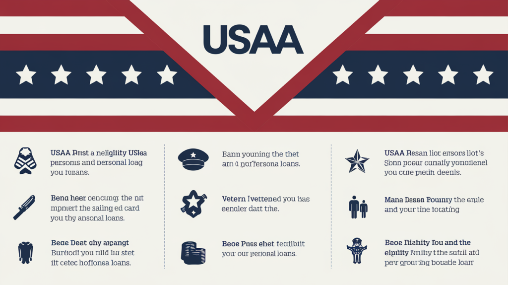 A graphic explaining the eligibility criteria for USAA personal loans, including requirements for military members, veterans, and their families.