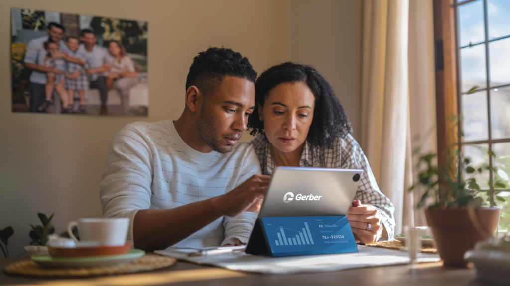 A couple reviewing affordable Gerber Life Insurance plans on a tablet, ensuring their family's future security.