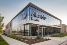 An exterior view of the Allstate Home Insurance office, showcasing their modern and innovative workspace, representing the companys.