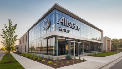 An exterior view of the Allstate Home Insurance office, showcasing their modern and innovative workspace, representing the companys.