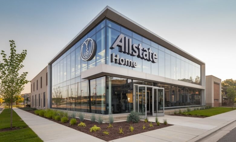 An exterior view of the Allstate Home Insurance office, showcasing their modern and innovative workspace, representing the companys.