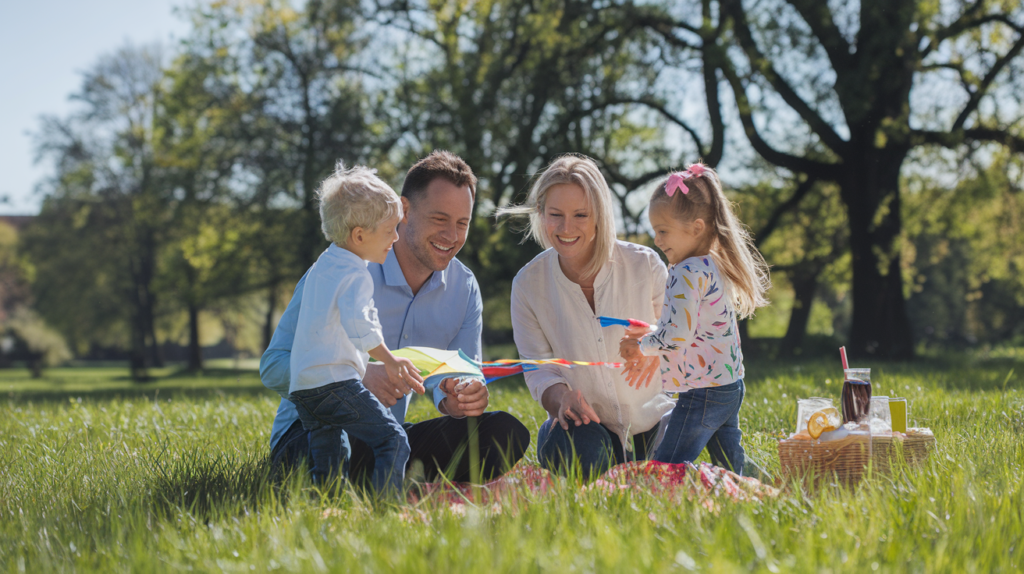 A family with two children enjoying a day out, secured by Gerber Life Insurance policies.