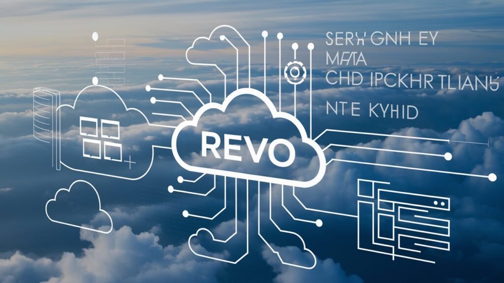 Illustration of cloud servers and data integration, depicting Revo Technologies’ cloud computing solutions that help businesses manage their operations in the cloud.