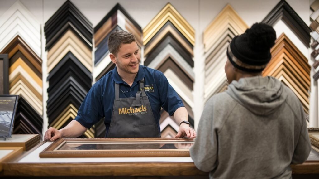 A Michaels employee assisting a customer with custom framing options, showcasing various frame styles.