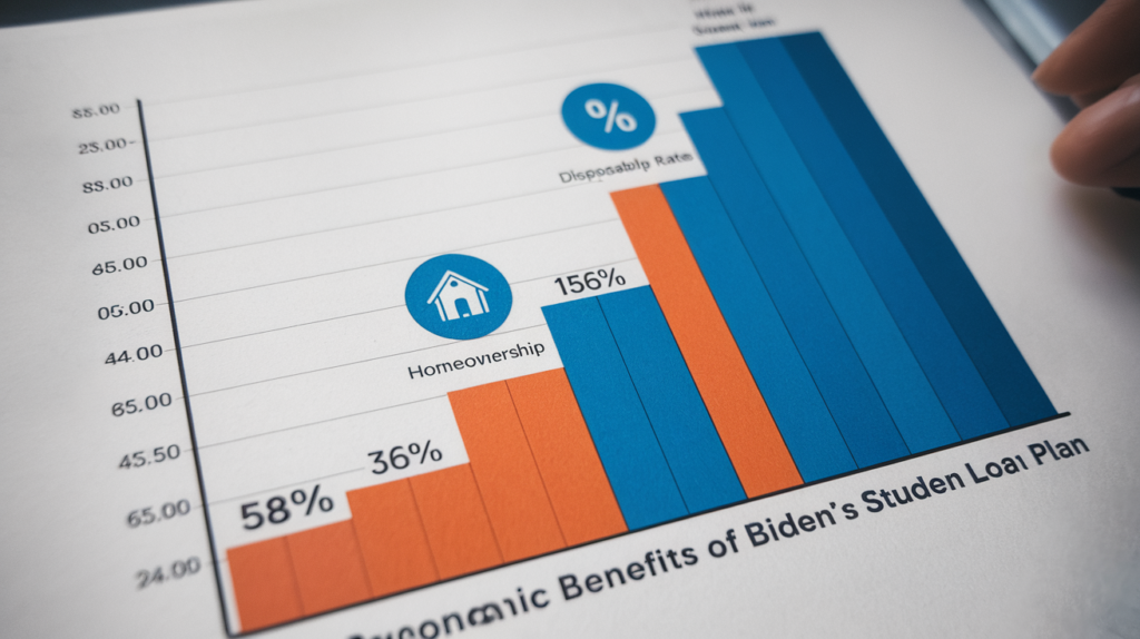 A bar graph showing projected economic benefits from Biden’s Student Loan Plan, including increased disposable income and homeowner-ship rates as a result of lower monthly loan payments.