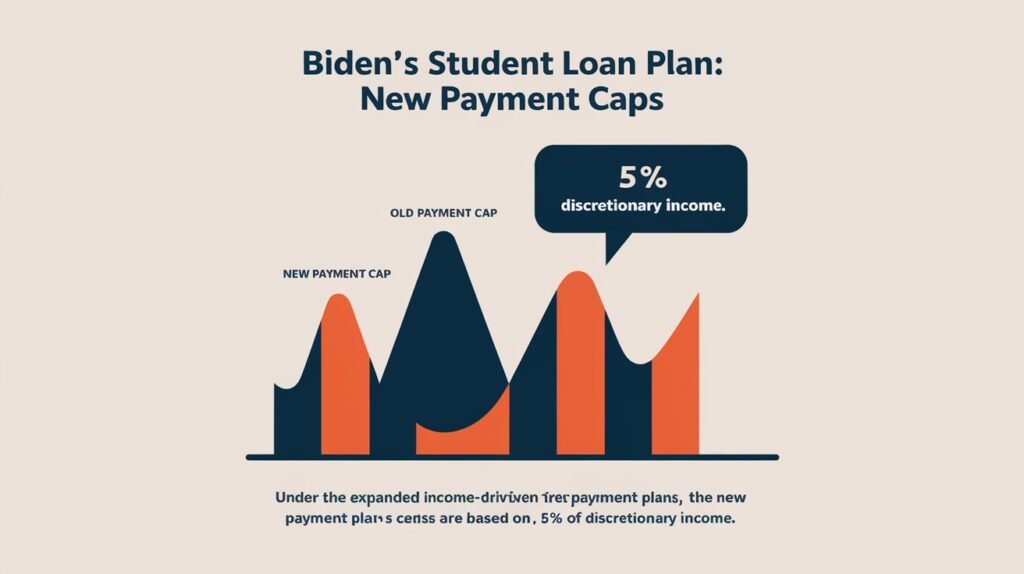 An infographic showing the new reduced payment caps under the expanded Income-Driven Repayment plans, highlighting 5% of discretionary income as the new payment threshold in Biden’s Student Loan Plan.