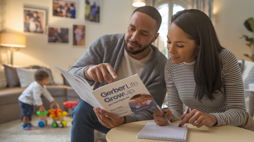 Parents reviewing the Gerber Life Grow-Up® Plan for their child’s financial future.