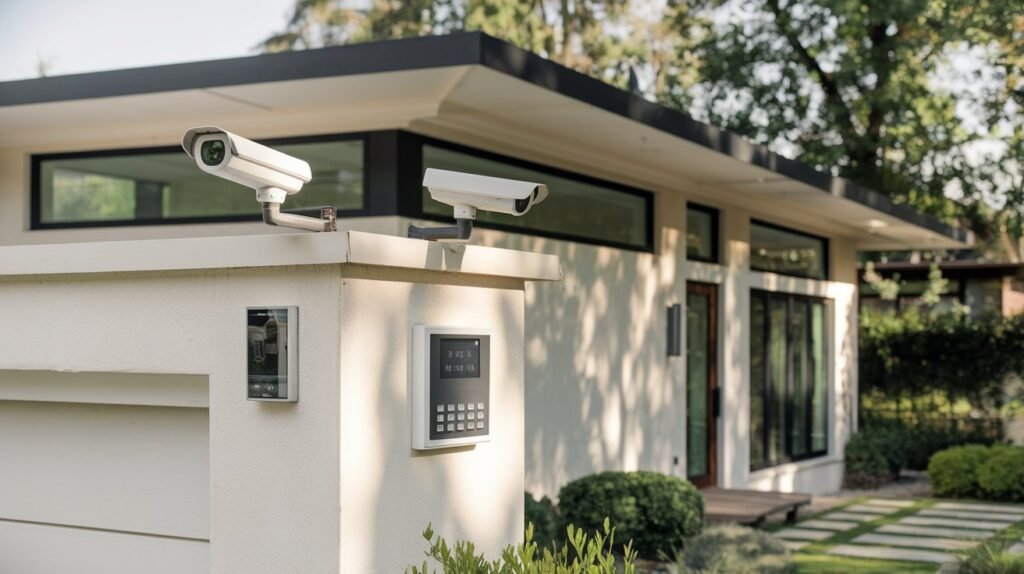 A modern home equipped with security features such as cameras and alarms, illustrating how homeowners can save on premiums with Progressive.