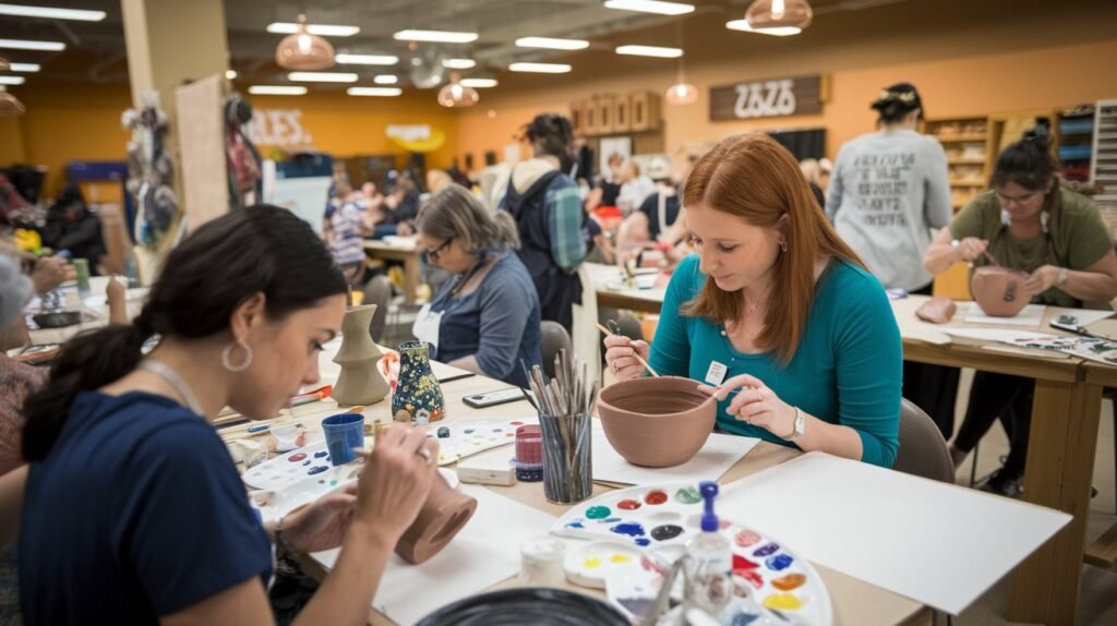 Participants enjoying a hands-on craft workshop at Michaels, learning painting techniques in a creative setting.