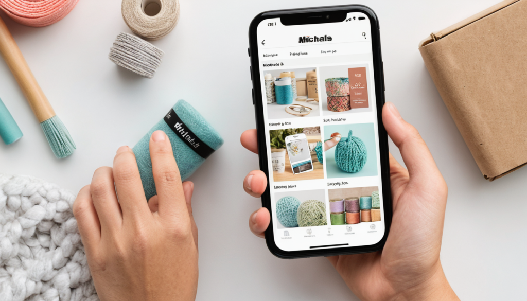 A person using the Michaels app on a smartphone to browse and shop for craft supplies online.