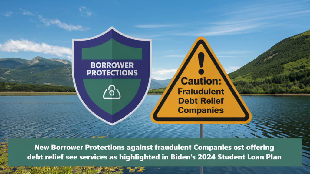 A security shield icon next to a warning sign, with text explaining the new borrower protections against fraudulent companies offering debt relief services under Biden’s 2024 Student Loan Plan.