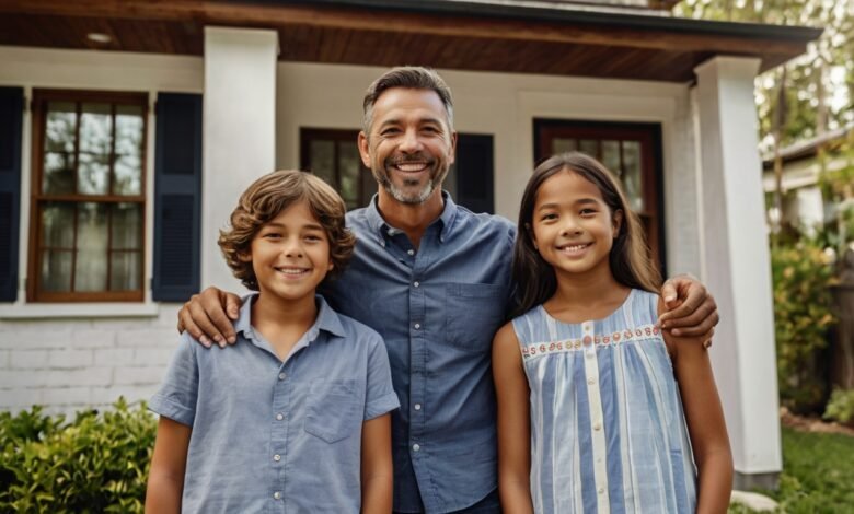 A family standing in front of their home, representing the peace of mind that comes with Progressive home insurance.