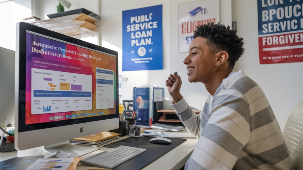 A person logging into a computer showing automatic payment tracking for Public Service Loan Forgiveness, part of the updated 2024 reforms in Biden’s Student Loan Plan.