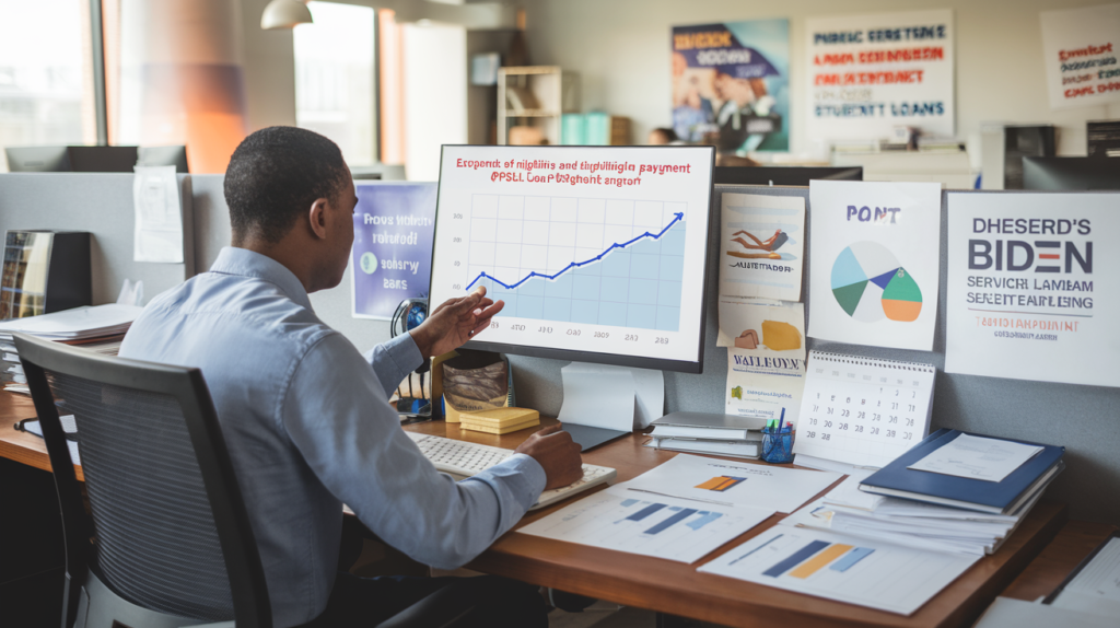 An image of a public service worker in an office, with a graph showing how the PSLF program has expanded eligibility and simplified payment tracking in Biden’s 2024 Student Loan Plan.