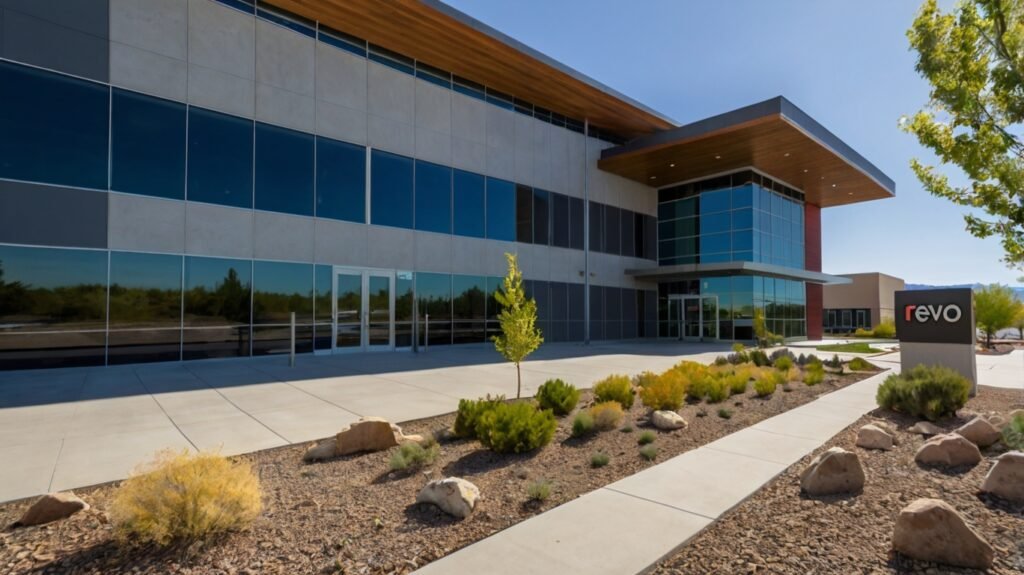 An exterior view of the Revo Technologies office in Murray, Utah, showcasing their modern and innovative workspace, representing the company’s local presence and global reach.