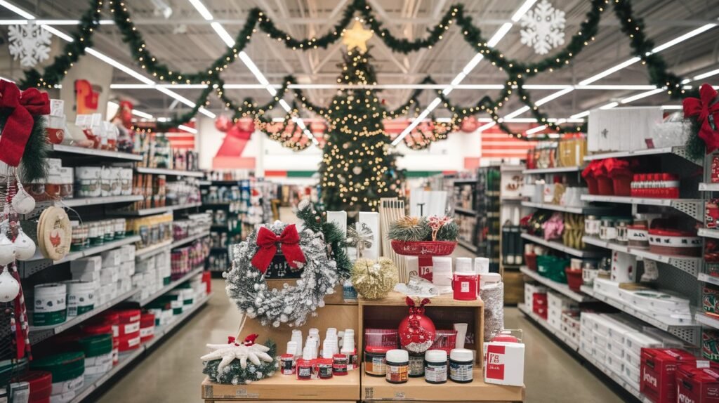  Festive seasonal décor at a Michaels store, featuring Christmas decorations and DIY holiday craft supplies.