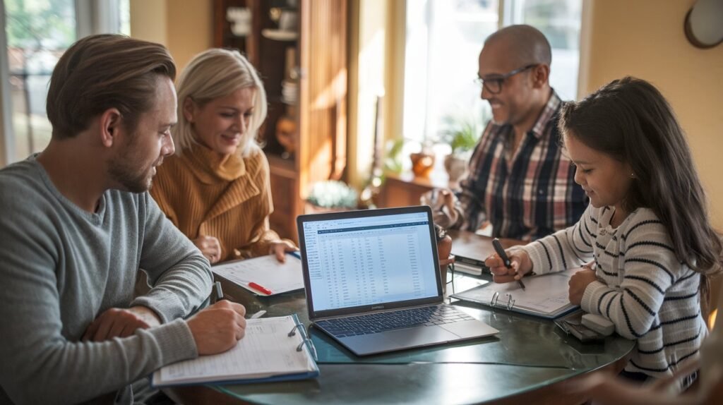 A family creating a home inventory checklist, emphasizing the importance of cataloging personal belongings for insurance coverage.