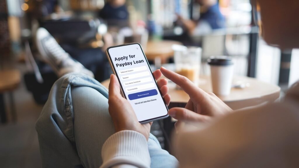 Person using a mobile phone to apply for an instant payday loan, with no credit check banner on the screen.